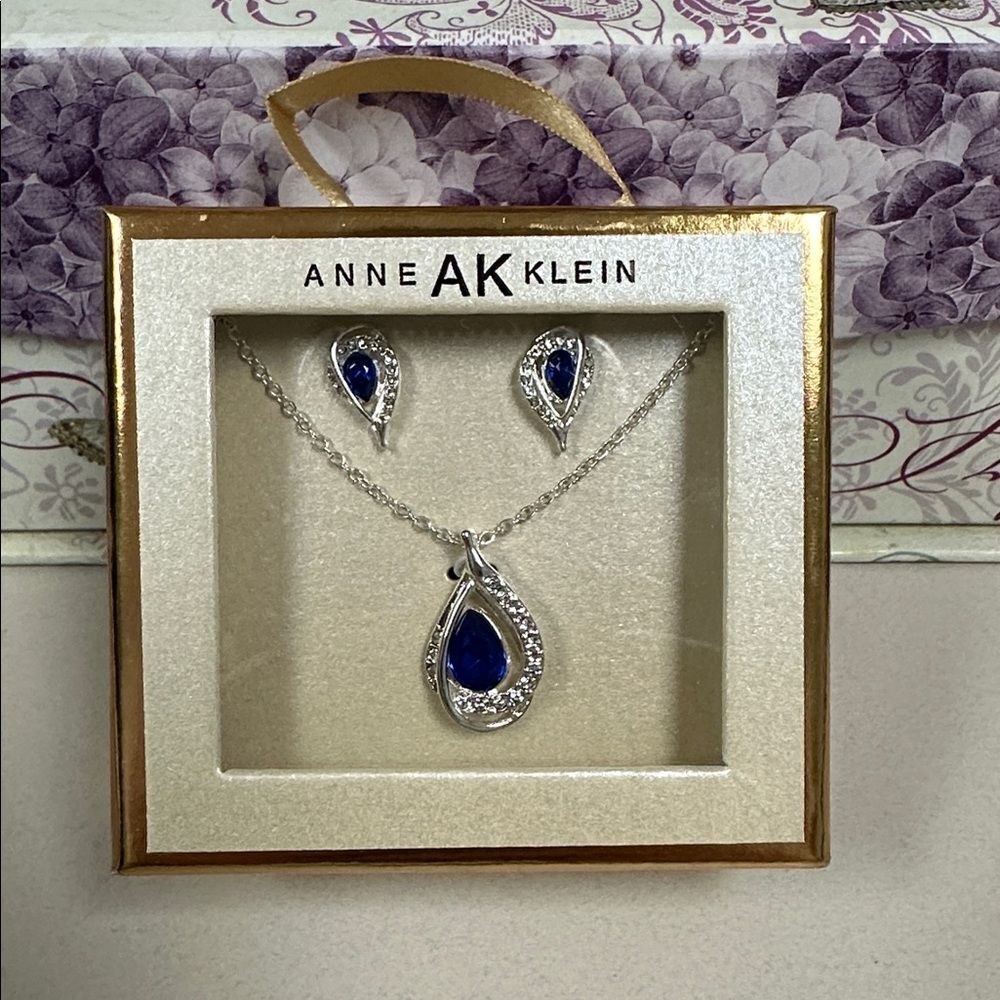 Anne Klein Gift Set Silver Clear And Royal Blue Rhinestones Necklace Earrings